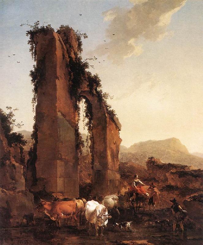 BERCHEM, Nicolaes Peasants with Cattle by a Ruined Aqueduct China oil painting art
